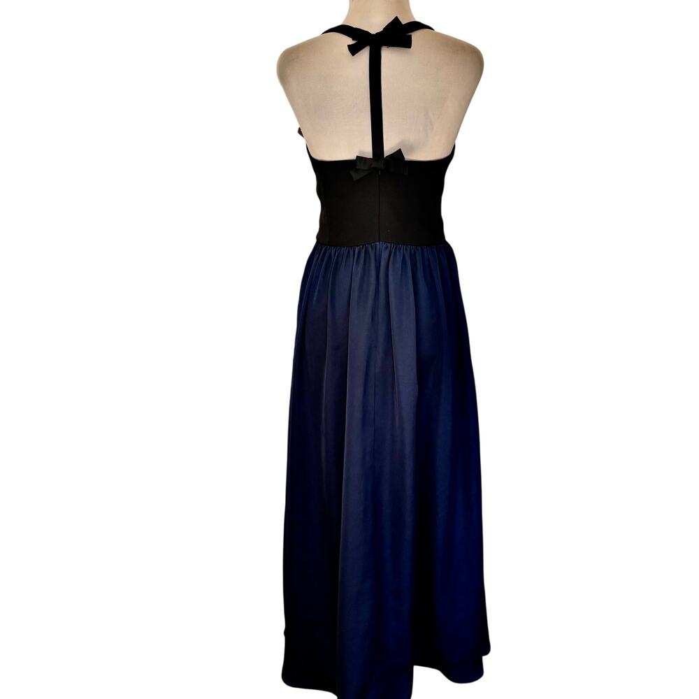 WHITE by Vera Wang Bow Back Satin Knit Halter Gown Dress Navy Black Luxury Prom - Picture 2 of 9